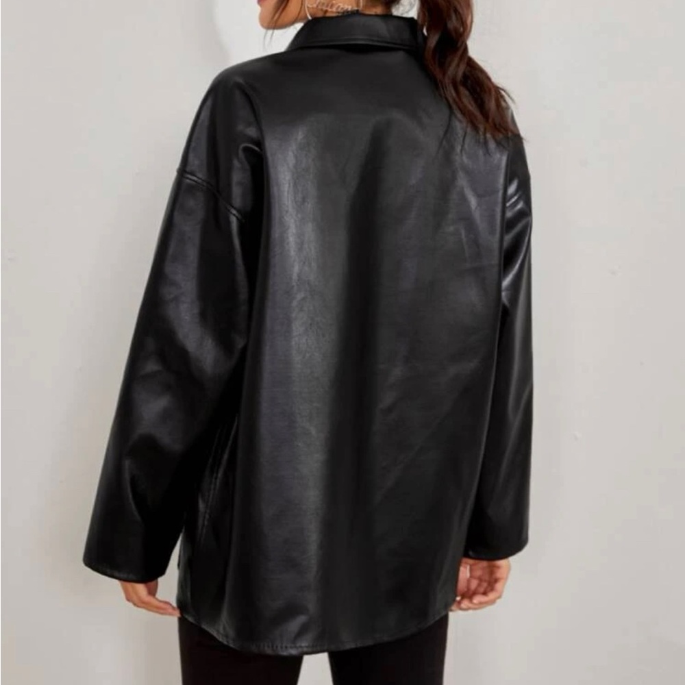 Button Front Drop Shoulder PU LEATHER Coat